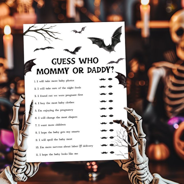 Zwarte en witte vleermuizen raden wie mama of papa (Black and White Bats Baby Shower Guess who Mommy or Daddy Game)