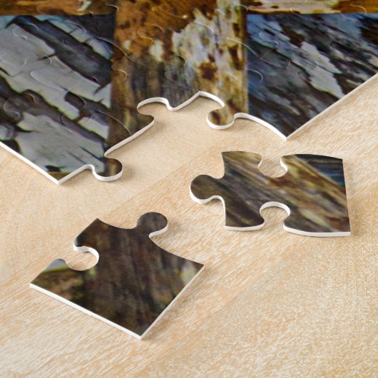 Zwarte en witte vlekjes op houtwalk legpuzzel (Zijkant)