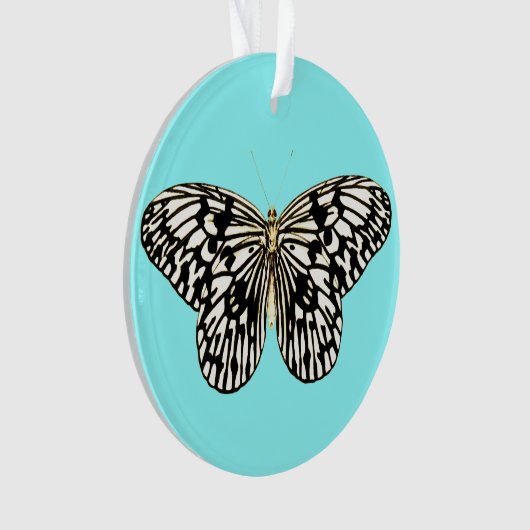 Zwarte en witte vlinder, achtergrond turkooizen ornament (voorkant)