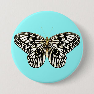 Zwarte en witte vlinder, achtergrond turkooizen ronde button 7,6 cm