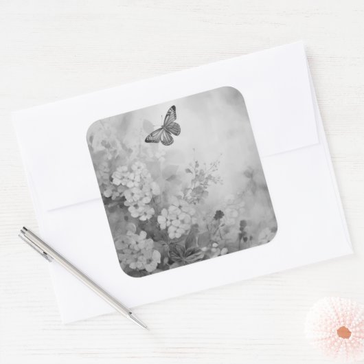 Zwarte en witte vlinder vierkante sticker (Envelop)