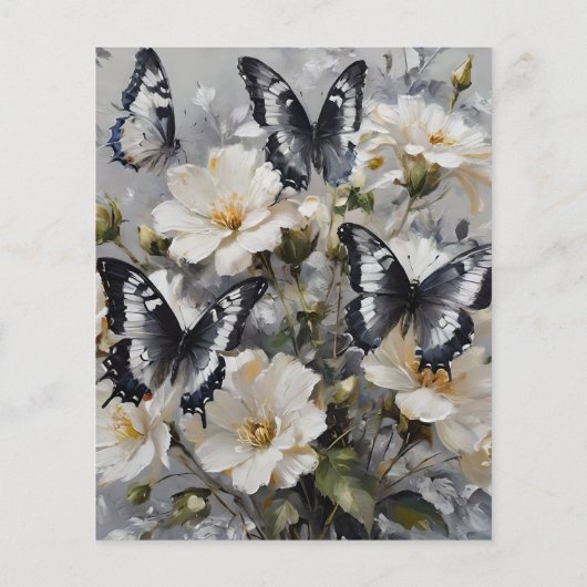 Zwarte en witte vlinders op witte bloemen, (Achterkant)