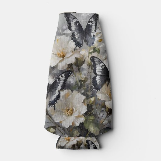 Zwarte en witte vlinders op witte bloemen, flesjeskoeler (Voorkant)
