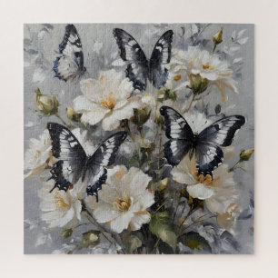 Zwarte en witte vlinders op witte bloemen, legpuzzel