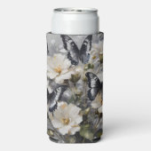 Zwarte en witte vlinders op witte bloemen, seltzer blikjeskoeler (Seltzer Achterkant)