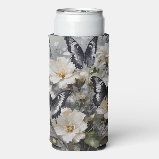 Zwarte en witte vlinders op witte bloemen, seltzer blikjeskoeler (Seltzer Achterkant)