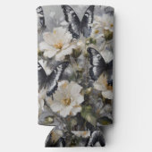 Zwarte en witte vlinders op witte bloemen, seltzer blikjeskoeler (Achterkant)