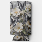 Zwarte en witte vlinders op witte bloemen, seltzer blikjeskoeler (Voorkant)