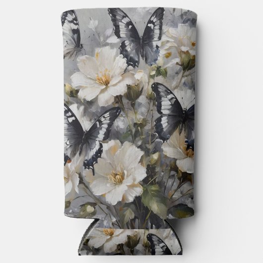 Zwarte en witte vlinders op witte bloemen, seltzer blikjeskoeler (Voorkant)