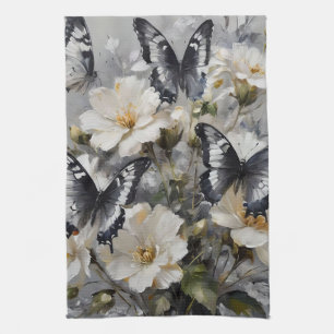 Zwarte en witte vlinders op witte bloemen, theedoek