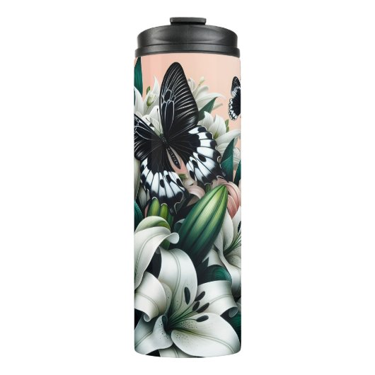 Zwarte en witte vlinders op witte lelies thermosbeker (Voorkant)