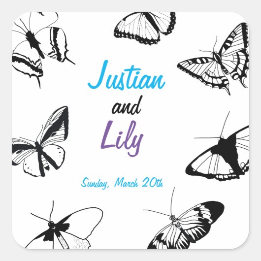 Zwarte en witte vlinders vierkante sticker (Voorkant)