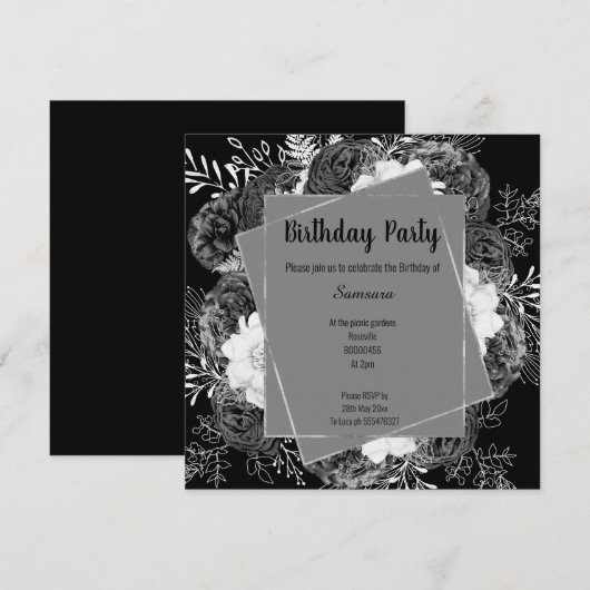 ZWARTE EN WITTE VLOEISTOFFEN VAN LIJST BIRTHDAAGSE KAART (Voorkant / Achterkant)