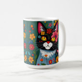 Zwarte en witte volkskunst Kat en bloemen grillig Koffiemok (Voorkant rechts)