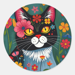 Zwarte en witte volkskunst Kat en bloemen grillig Ronde Sticker