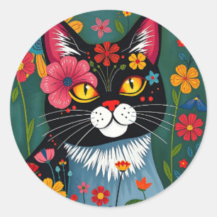 Zwarte en witte volkskunst Kat en bloemen grillig Ronde Sticker