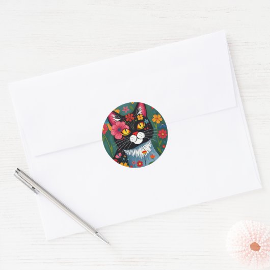 Zwarte en witte volkskunst Kat en bloemen grillig Ronde Sticker (Envelop)