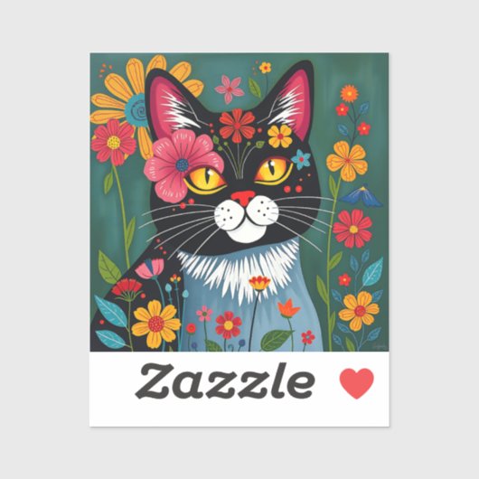 Zwarte en witte volkskunst Kat en bloemen grillig Sticker (Vel)