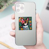 Zwarte en witte volkskunst Kat en bloemen grillig Sticker (Telefoon)