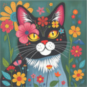 Zwarte en witte volkskunst Kat en bloemen grillig Sticker (Voorkant)