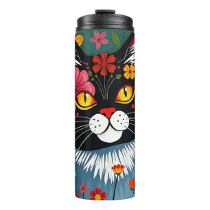 Zwarte en witte volkskunst Kat en bloemen grillig Thermosbeker
