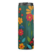 Zwarte en witte volkskunst Kat en bloemen grillig Thermosbeker (Achterkant)