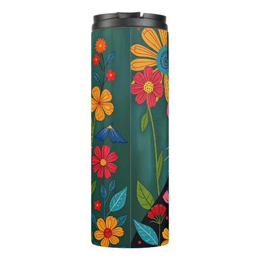 Zwarte en witte volkskunst Kat en bloemen grillig Thermosbeker (Achterkant)