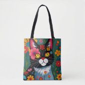 Zwarte en witte volkskunst Kat en bloemen grillig Tote Bag (Voorkant)
