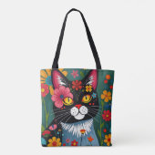 Zwarte en witte volkskunst Kat en bloemen grillig Tote Bag (Achterkant)
