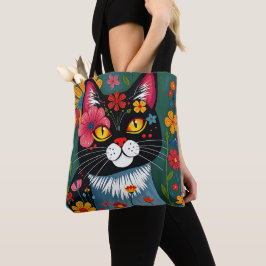 Zwarte en witte volkskunst Kat en bloemen grillig Tote Bag