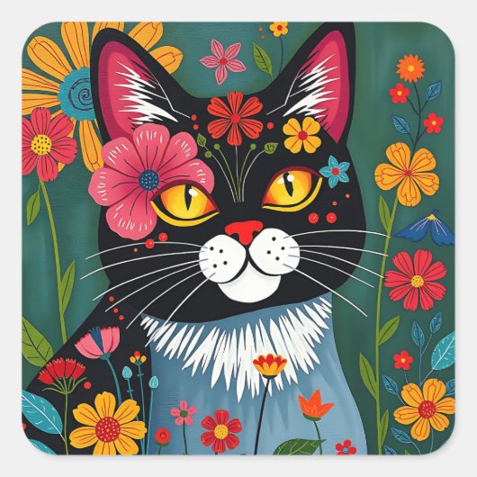 Zwarte en witte volkskunst Kat en bloemen grillig Vierkante Sticker (Voorkant)
