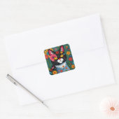 Zwarte en witte volkskunst Kat en bloemen grillig Vierkante Sticker (Envelop)