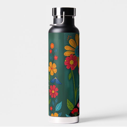 Zwarte en witte volkskunst Kat en bloemen grillig Waterfles (Rechts)