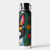 Zwarte en witte volkskunst Kat en bloemen grillig Waterfles (Achterkant)