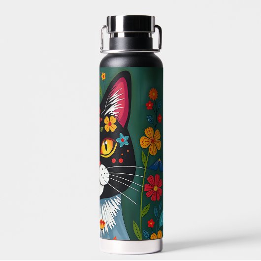 Zwarte en witte volkskunst Kat en bloemen grillig Waterfles (Achterkant)