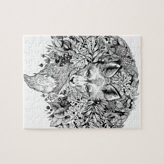Zwarte en witte vos in het bos legpuzzel (Horizontaal)