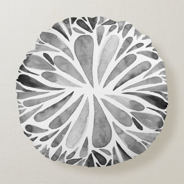 Zwarte en witte waterverf abstracte floruitbarstin rond kussen (Voorkant)