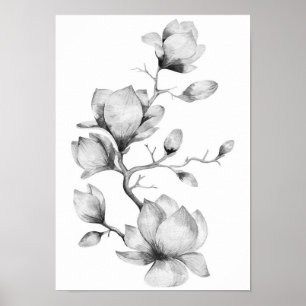 Zwarte en witte waterverf bloemen wand poster