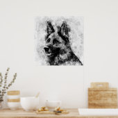 Zwarte en Witte Waterverf Duitse Herdershond Poster (Keuken)