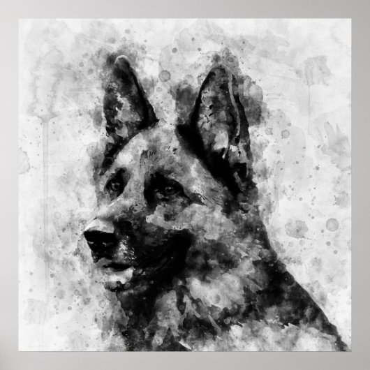 Zwarte en Witte Waterverf Duitse Herdershond Poster (Voorkant)