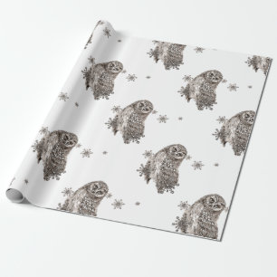 Zwarte en witte Waterverf Owl Winter Snowflakes Cadeaupapier