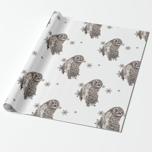 Zwarte en witte Waterverf Owl Winter Snowflakes Cadeaupapier (Uitgerold)