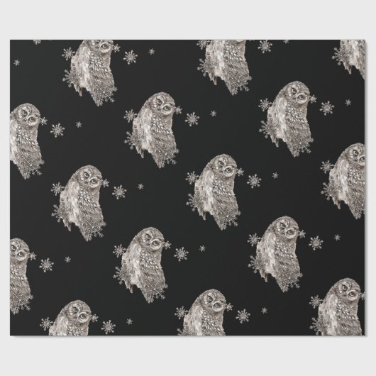 Zwarte en witte Waterverf Owl Winter Snowflakes Cadeaupapier (Vlak)
