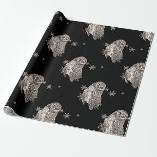 Zwarte en witte Waterverf Owl Winter Snowflakes Cadeaupapier