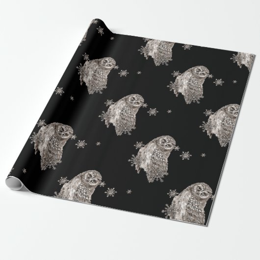 Zwarte en witte Waterverf Owl Winter Snowflakes Cadeaupapier (Uitgerold)