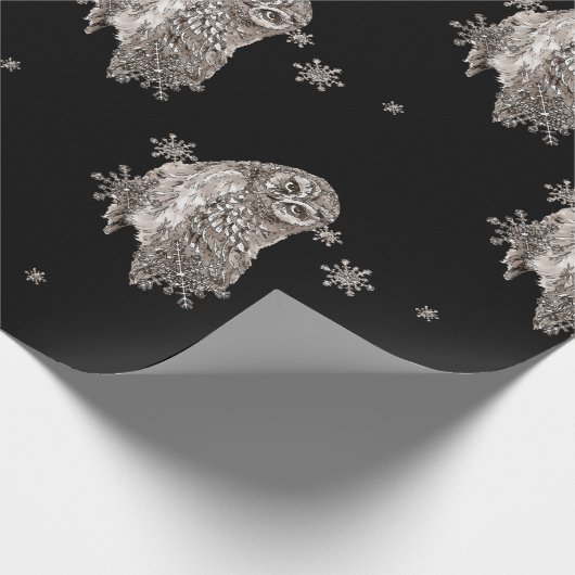 Zwarte en witte Waterverf Owl Winter Snowflakes Cadeaupapier (Hoek)