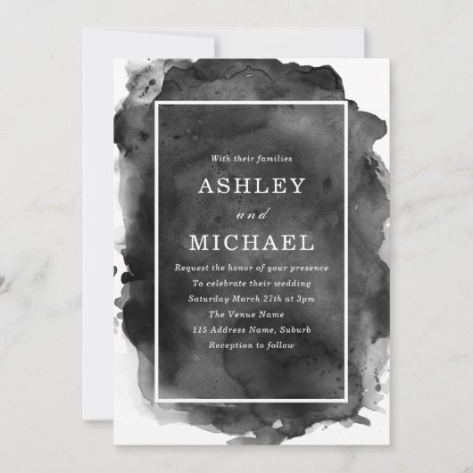 Zwarte en witte Waterverf Splash Modern Wedding Kaart (Voorkant)