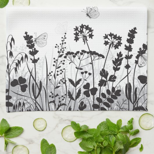 Zwarte en witte wilde bloemen theedoek (Gevouwen)