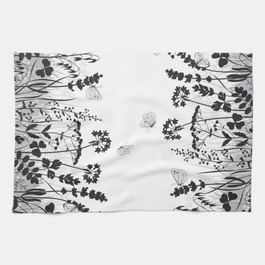 Zwarte en witte wilde bloemen theedoek (Horizontaal)