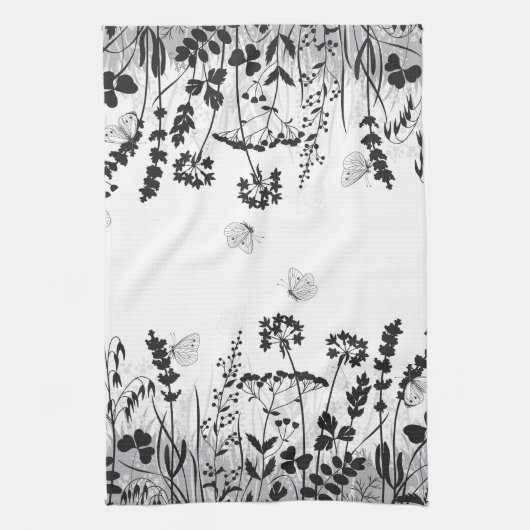 Zwarte en witte wilde bloemen theedoek (Verticaal)